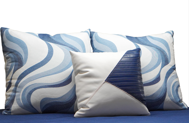 Faux Leather Pillow, Navy and White - Displayed on Yacht Bedding